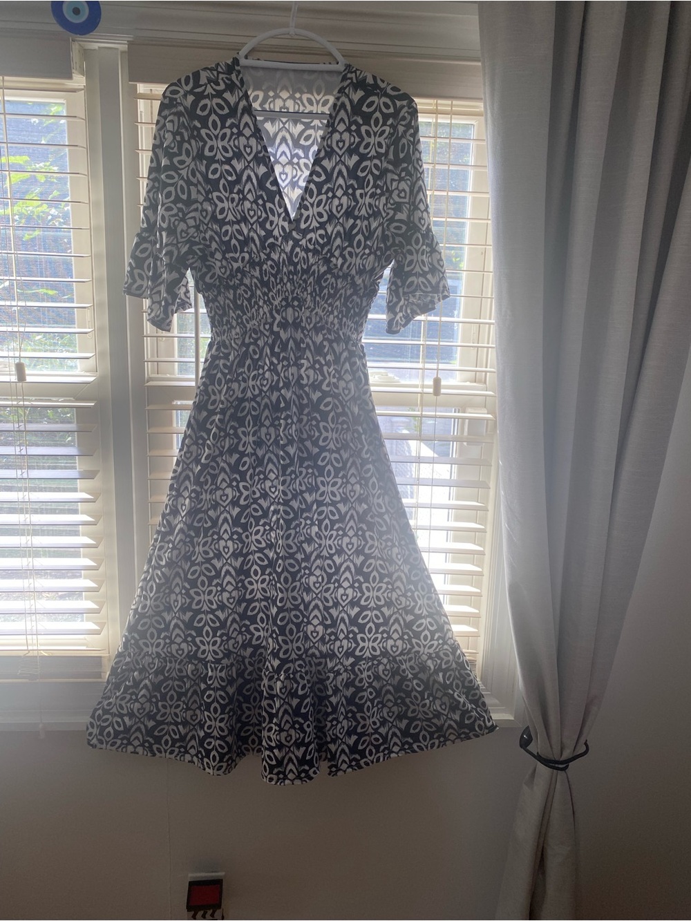 Black & White Printed V-Neck Midi Dress with Smocked Waist